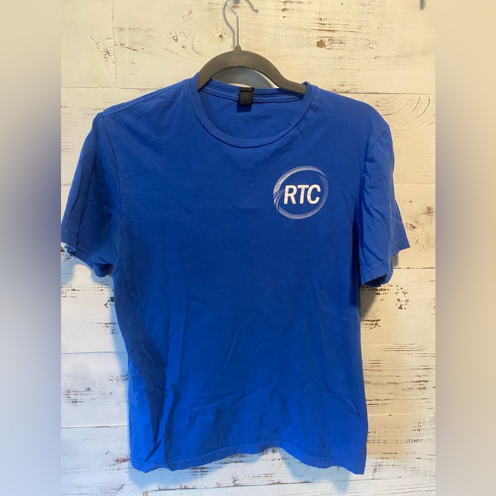 Men’s Frank Russell Technology Center Blue T-Shirt, Small.